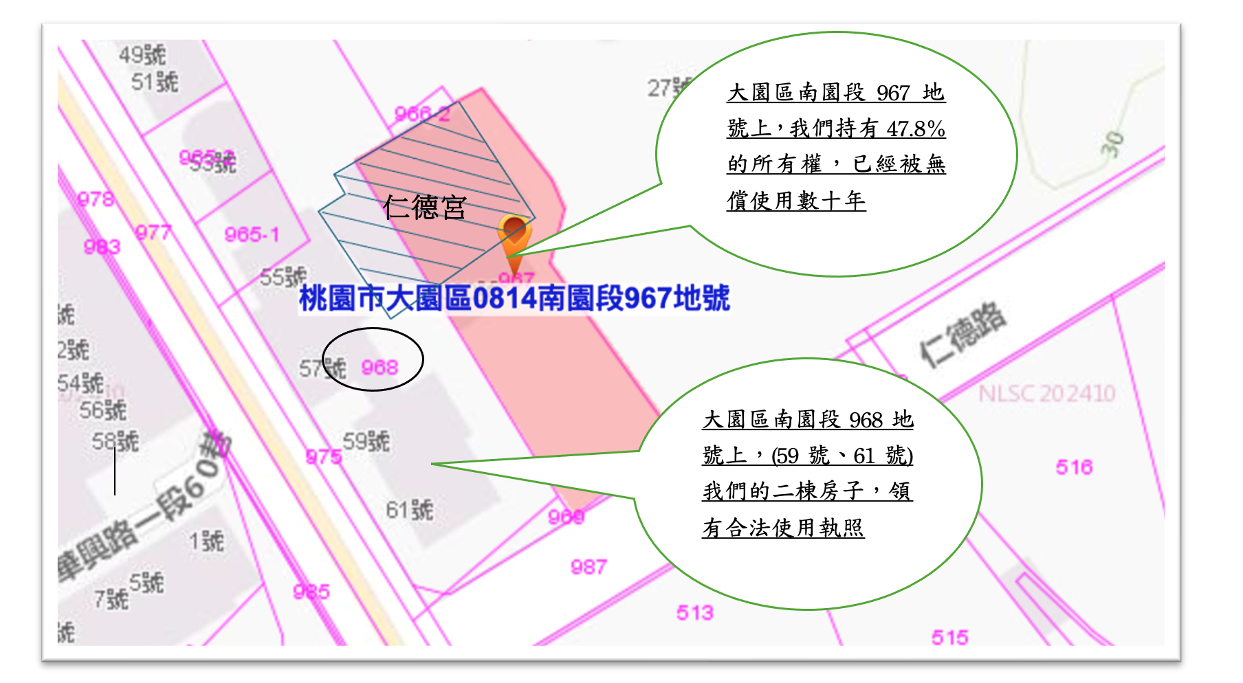 南園段 966-2／967／968 地籍與持分示意圖：967 地號（仁德宮所在）我方持有 47.8%，已被無償使用數十年；968 地號上 59、61 號為我方領有合法使用執照的兩棟房子。